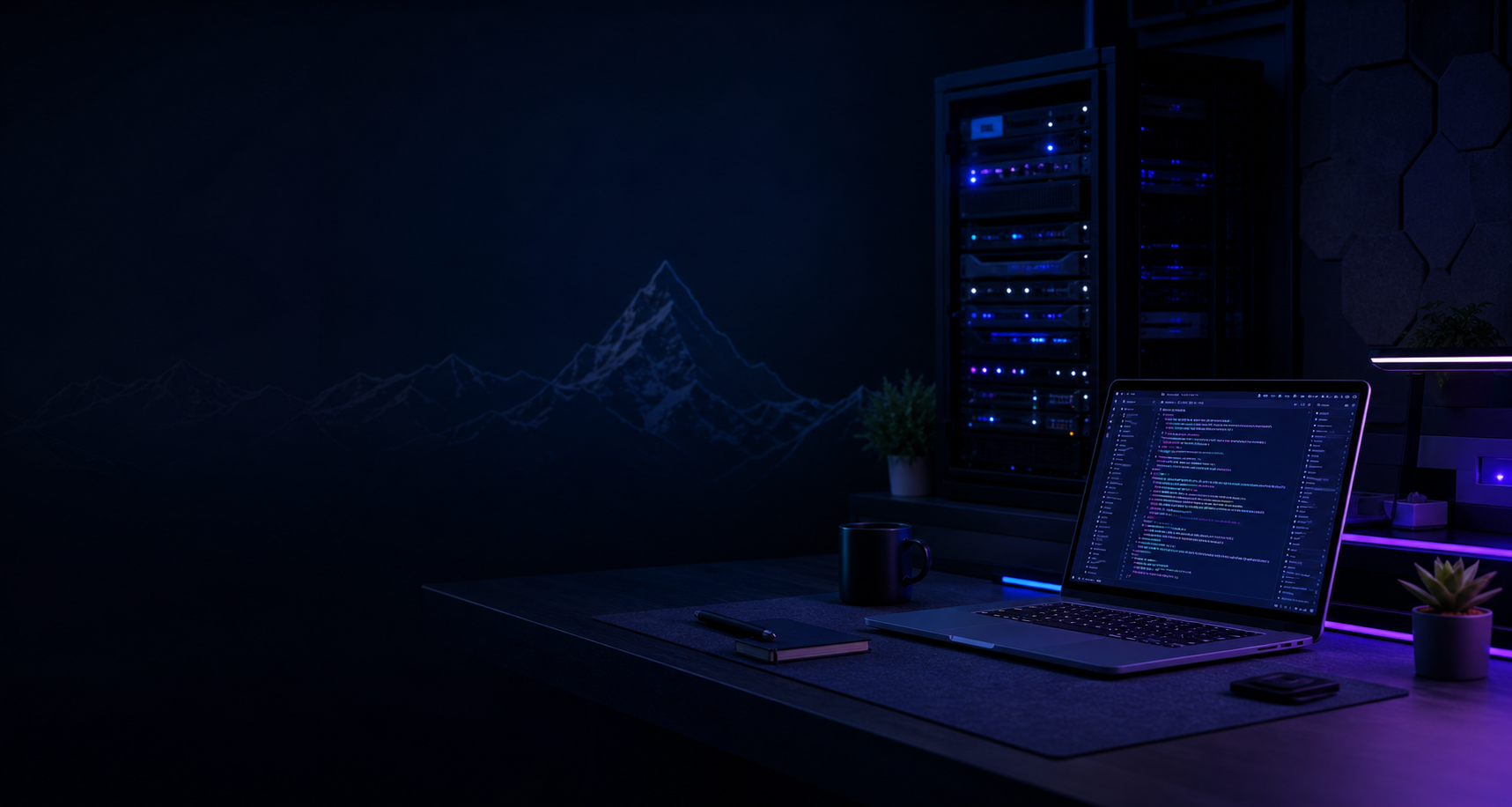 Dark developer workstation with homelab equipment